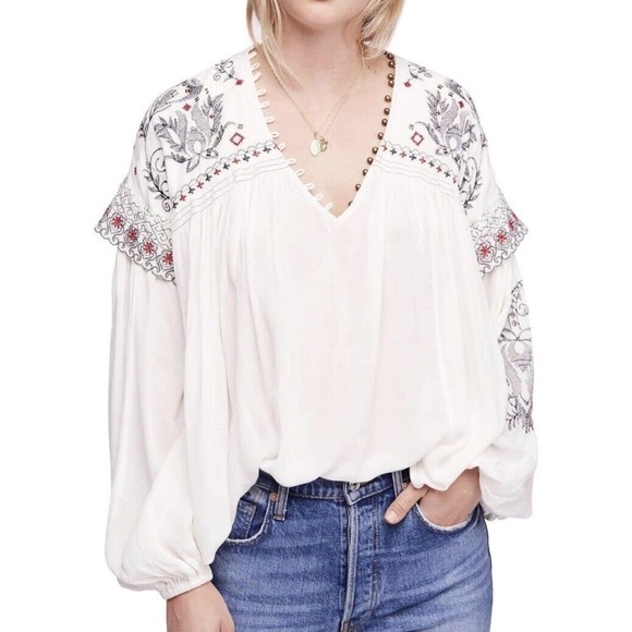 Free People Sm Rock It Tonight Floral Embroidered Lng Sleeve Boho Hippie Peasant - Picture 2 of 12